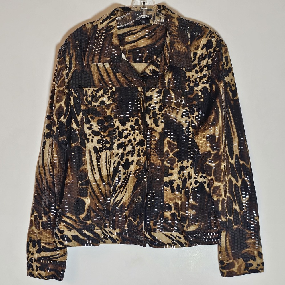 Elementz Jacket Womens XL Leopard Animal Print Shiny Stretch Button Front Y2K 90